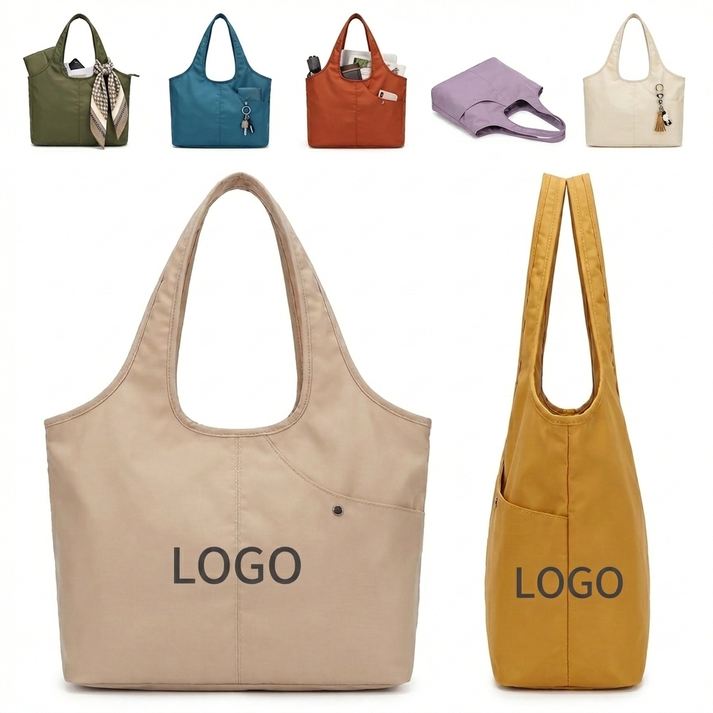 LIGHTWEIGHT WATERPROOF NYLON EVERYDAY TOTE WITH ZIPPER POCKETS & UMBRELLA HOLDER