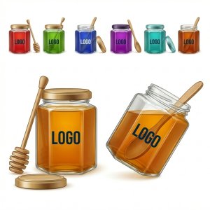 Multicolor Hexagonal Glass Honey Jar with Metal Lid and Dipper
