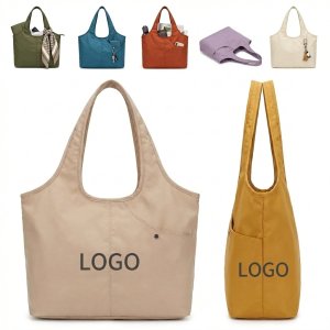 LIGHTWEIGHT WATERPROOF NYLON EVERYDAY TOTE WITH ZIPPER POCKETS & UMBRELLA HOLDER