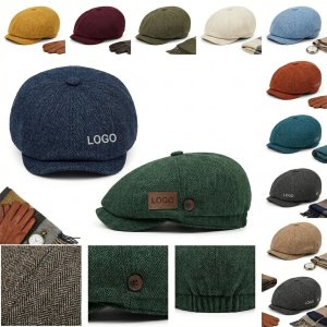 Men's Plaid Herringbone Adjustable Cotton Flat Cap for Fall & Winter